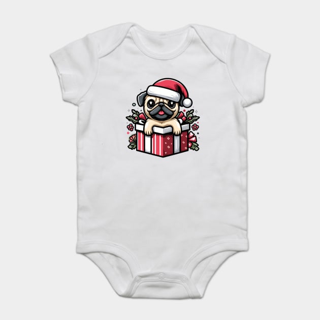 Pug In Present Dog Christmas Festive Santa Hat Baby Bodysuit by Frank Ring